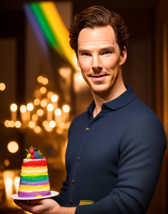 01689-2454649409-bencumberbatch,  smiling man,holding a cake, in the room decorated as a party, , looking on the viewer, rainbow decorations,, ,.jpg